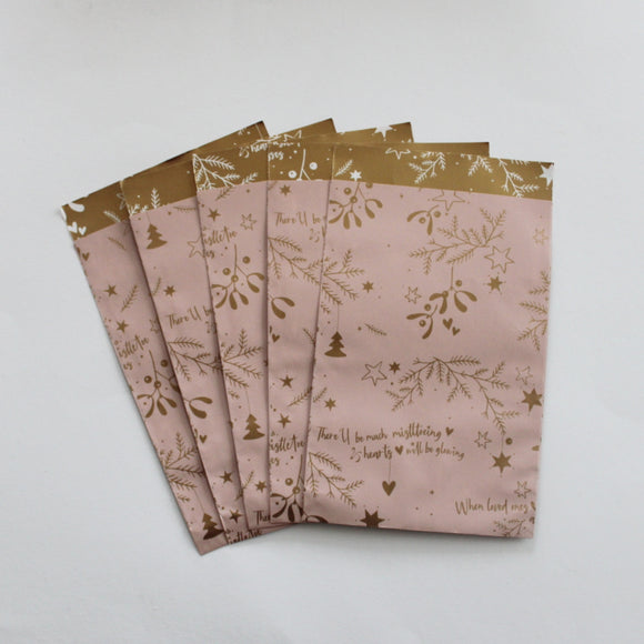 Cadeauzakje 12x19cm - Mistletoe kisses goud/roze (5 stuks)